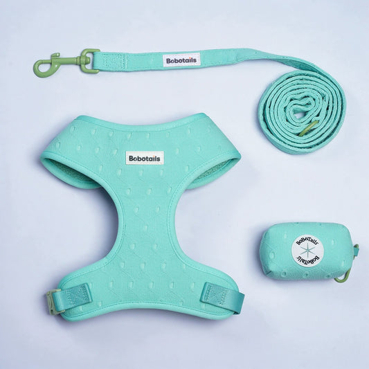 A mint green pet gear set including a textured harness, matching leash, and rolled-up storage pouch, all laid out on a light lavender background. The harness and leash feature white 'Bobotails' brand labels.