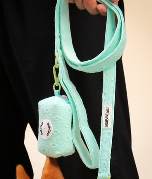 Mint green dog leash and matching pouch held by a person against a black background