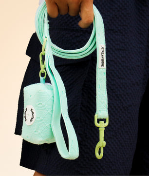 Mint green dog leash and pouch held by a person wearing a textured navy sweater.