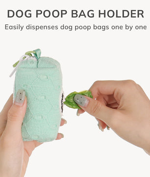 Dog poop bag holder being used with text indicating it easily dispenses dog poop bags one by one.
