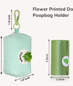 Flower printed dog poop bag holder with measurements on a white background