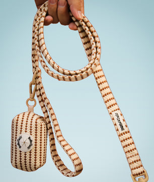 small grain  dog leash with matching pouch held by a hand against a light blue background