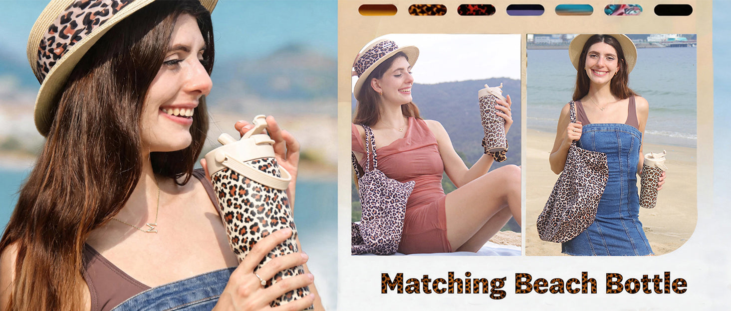A collage showing a woman at the beach wearing a leopard-print straw hat and holding a matching  bobotails leopard-print beach bottle, with two smaller inset photos of the same outfit and product. Text at the bottom reads 'Matching Beach Bottle.