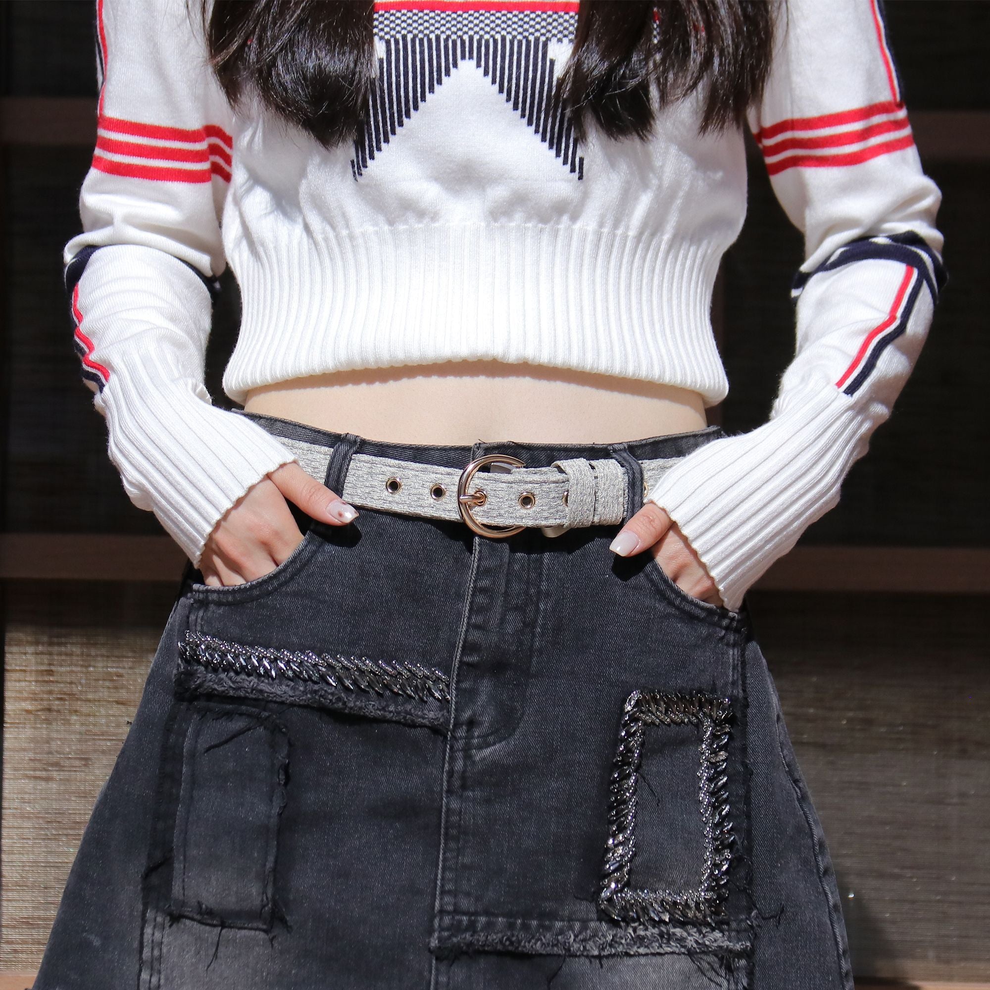 chunky knitted chunky knitted women's belt   designed to coordinate with dog harness and accessories as part of a matching system