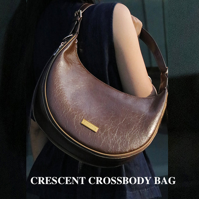 Brown leather crescent crossbody bag for pet mom