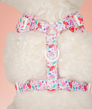  Side view of dinosaur printed  best dog harness for small dogs showing fit and comfort within a coordinated dog and owner matching system