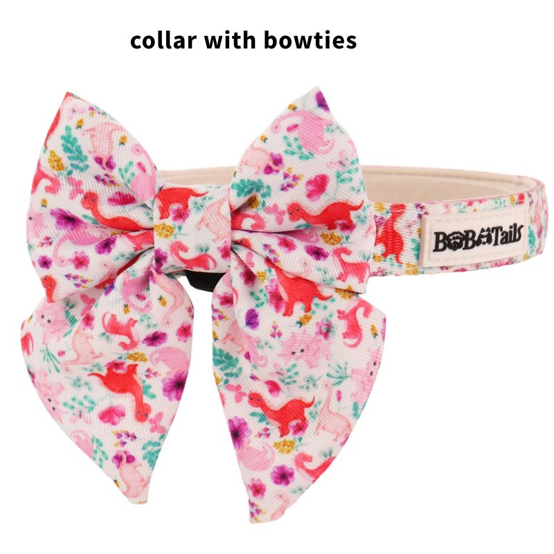 dinosaur printed bow tie collar dog  as part of a complete dog and owner matching accessory set