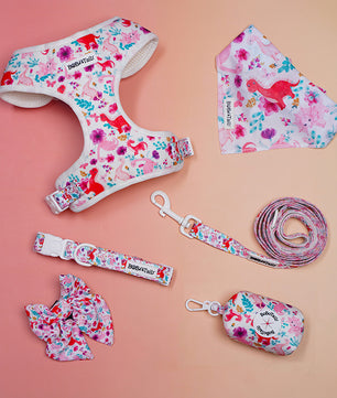 Dog harness, leash, bandana, and other accessories with floral pattern on a pink background