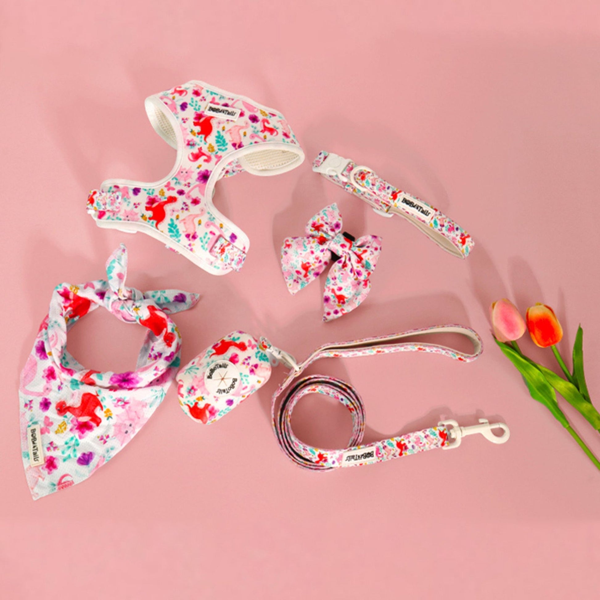 Dog accessories set with dinosaur printed on a pink background