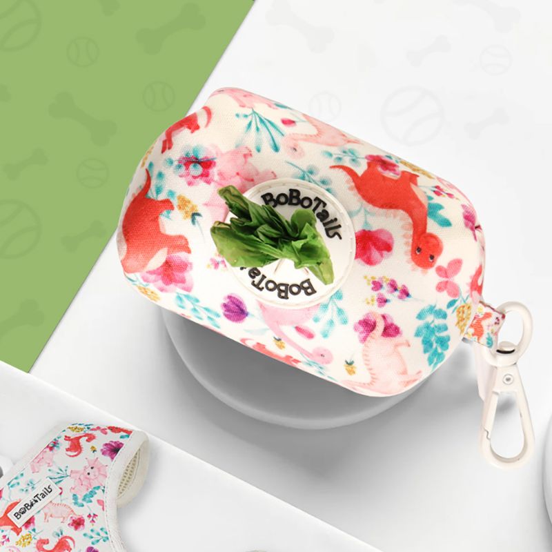 dinosaur printed small trash bag matching the  harness and owner accessories for daily dog walks