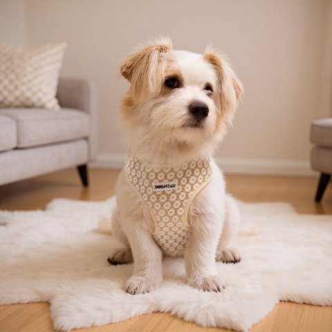 small dog wearing on Bobotails floral brilliance emborideried harness at living room
