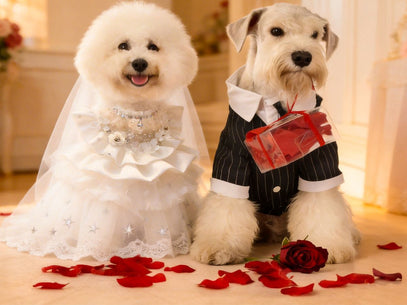 Two dogs dressed in wedding attire with red rose petals on a light background