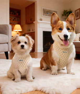 Two dogs wearing patterned harnesses sitting on a rug in a cozy -living room.-bobotails