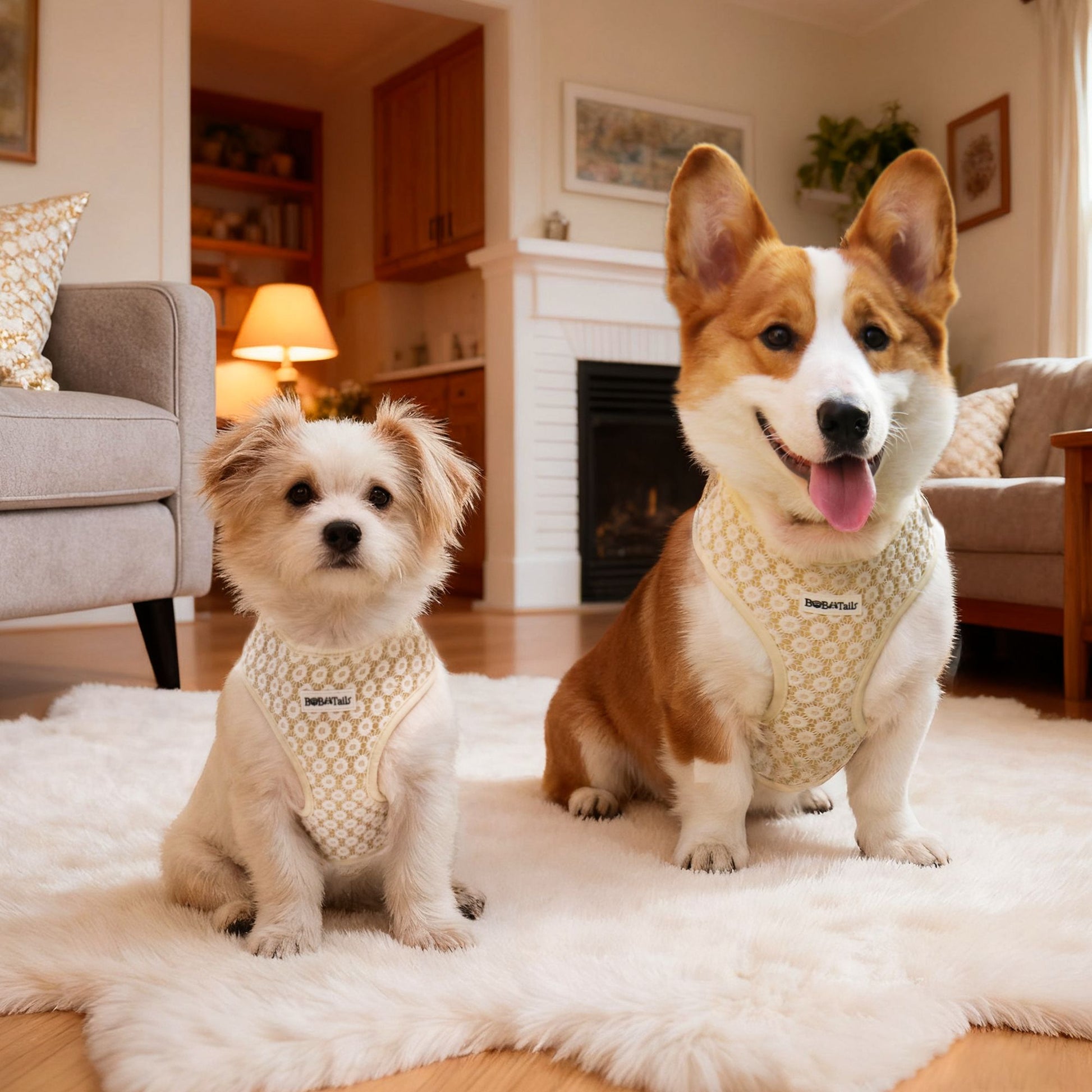 Two dogs wearing patterned harnesses sitting on a rug in a cozy -living room.-bobotails