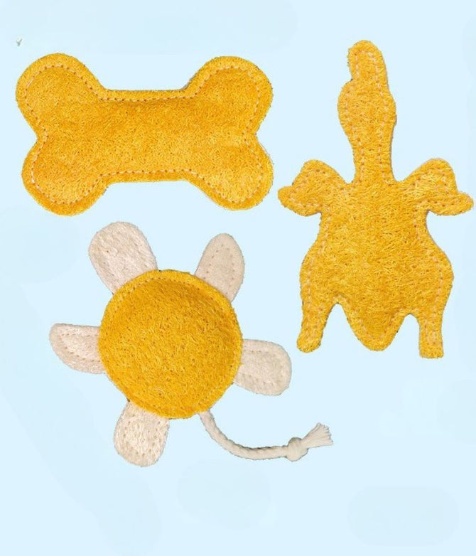 Three yellow pet eco loofah interactive toys shaped like a bone, turtle, and fish on a light blue background