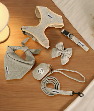 Dog accessories including a harness, leash, and collar ,bowtie,poop bag holder and bandana on a wooden surface.