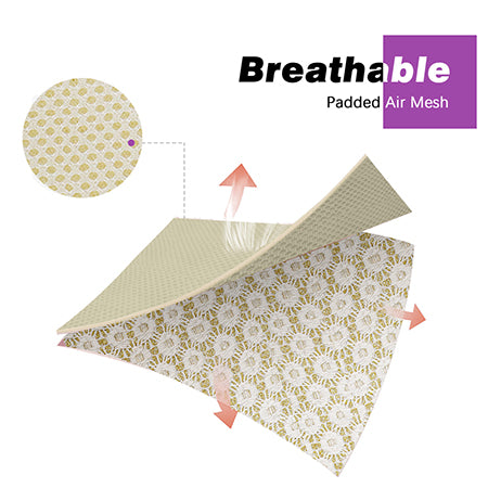 A breathable padded air mesh product shown on a white background with text reading 'Breathable Padded Air Mesh' and a circular inset showing the fabric pattern. The product appears to be a flexible mesh or cushion component with a beige and white floral pattern.