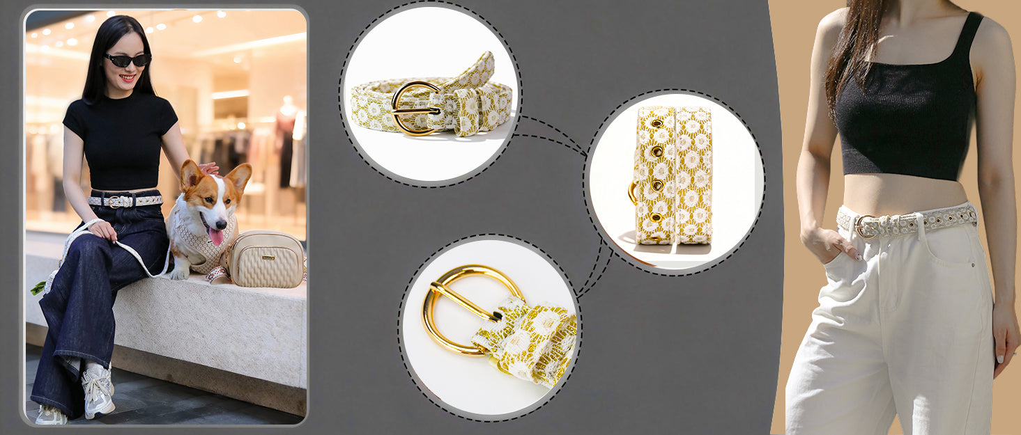 Woman walking her dog wearing floral brilliance harness matching dog and women's belt accessories designed as one coordinated system