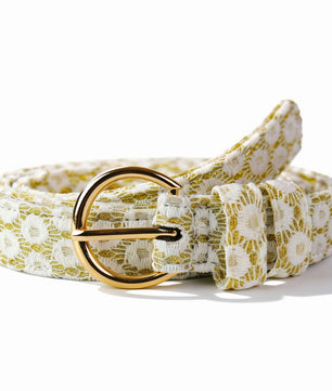 Women's belt matching dog harness set with Floral Brilliance embroidery for coordinated owner-pet look
