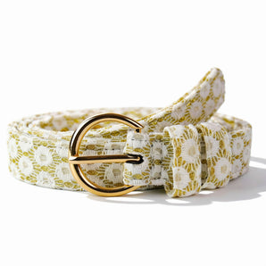 Women's belt matching dog harness set with Floral Brilliance embroidery for coordinated owner-pet look
