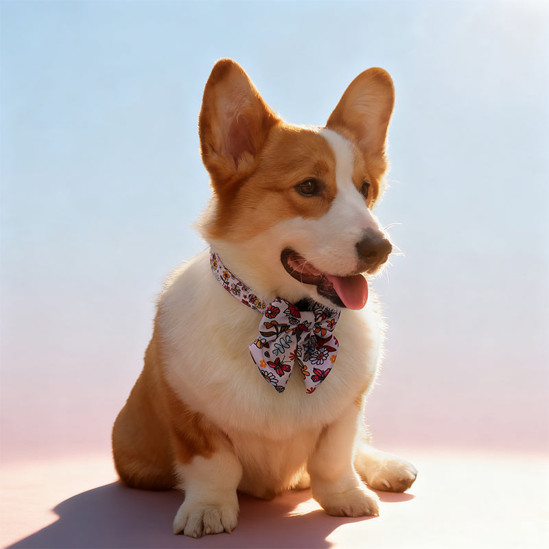 flower printed bow tie collars for big dogs designed to coordinate with dog harness and accessories as part of a matching system