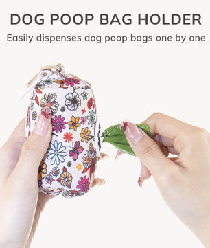 flower printed dog leash poop bag holder matching the harness and owner accessories for daily dog walks
