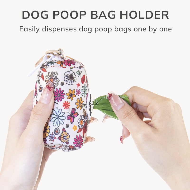 flower printed dog leash poop bag holder matching the harness and owner accessories for daily dog walks