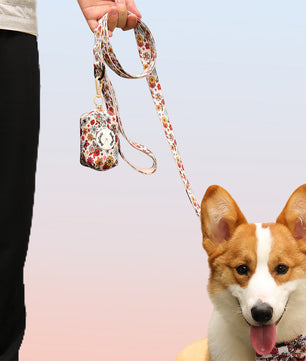 flower printed dog leash running designed to match the harness and owner accessories in a coordinated system
