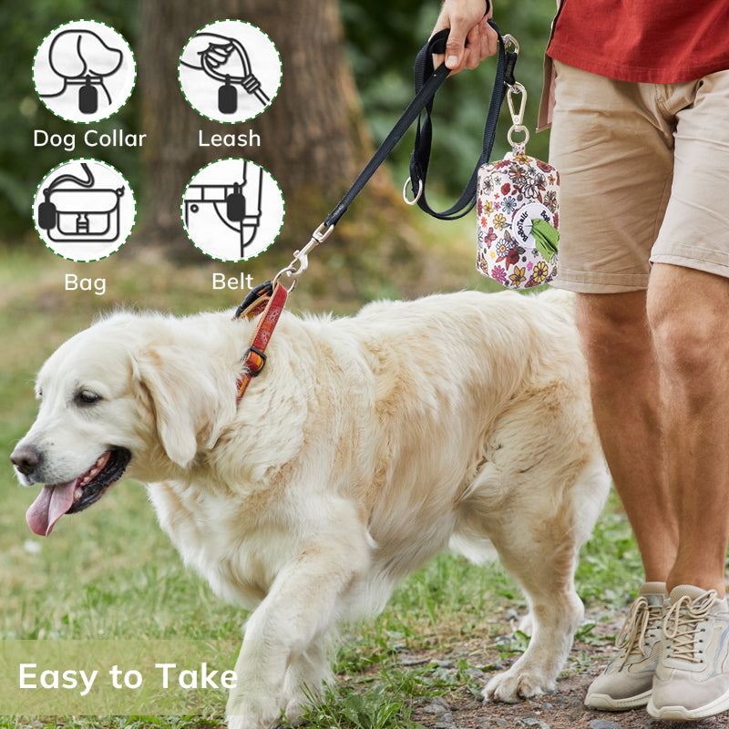 flower printed dog poop bags holder matching the harness and owner accessories for daily dog walks