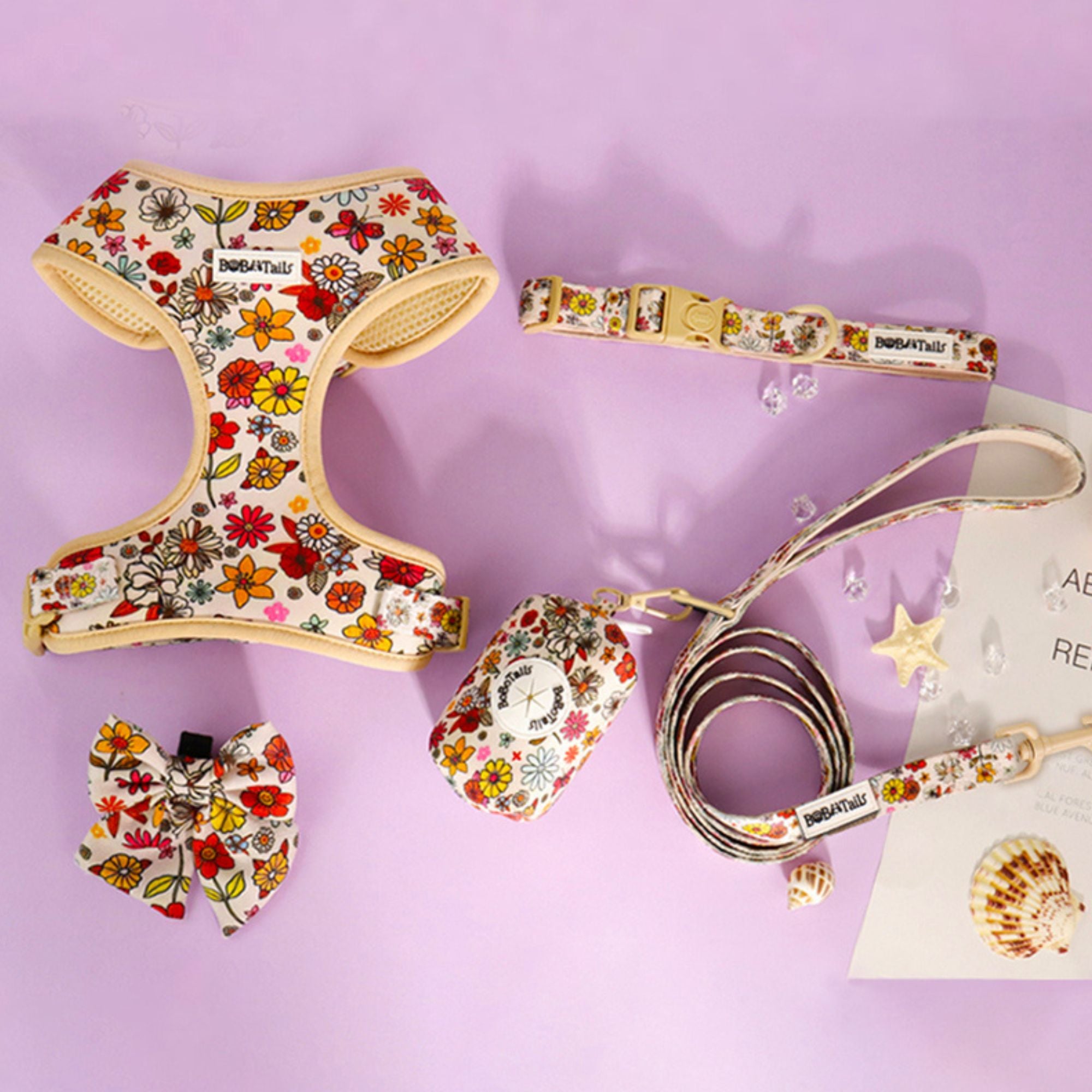 Flower Printed Harness, Leash, Collar and Poop Bag Holder Bundle