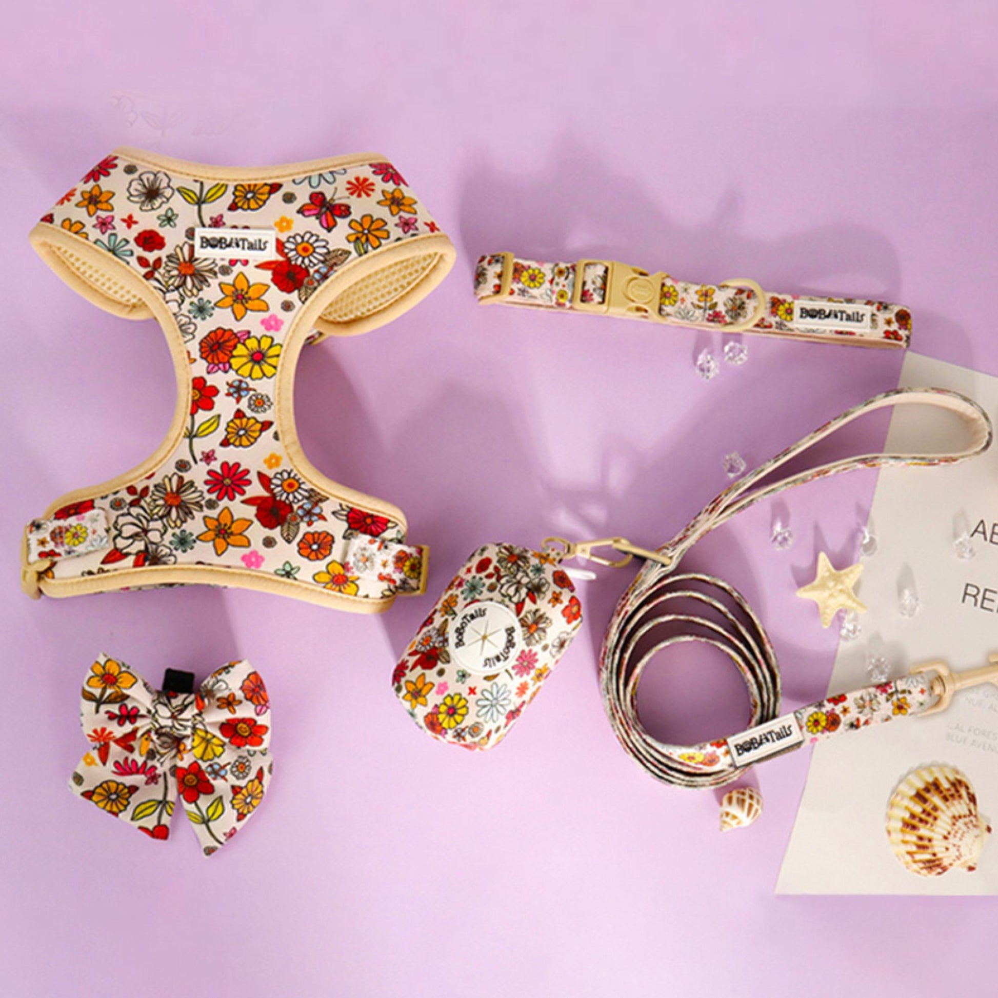 Flower Printed Harness, Leash, Collar and Poop Bag Holder Bundle