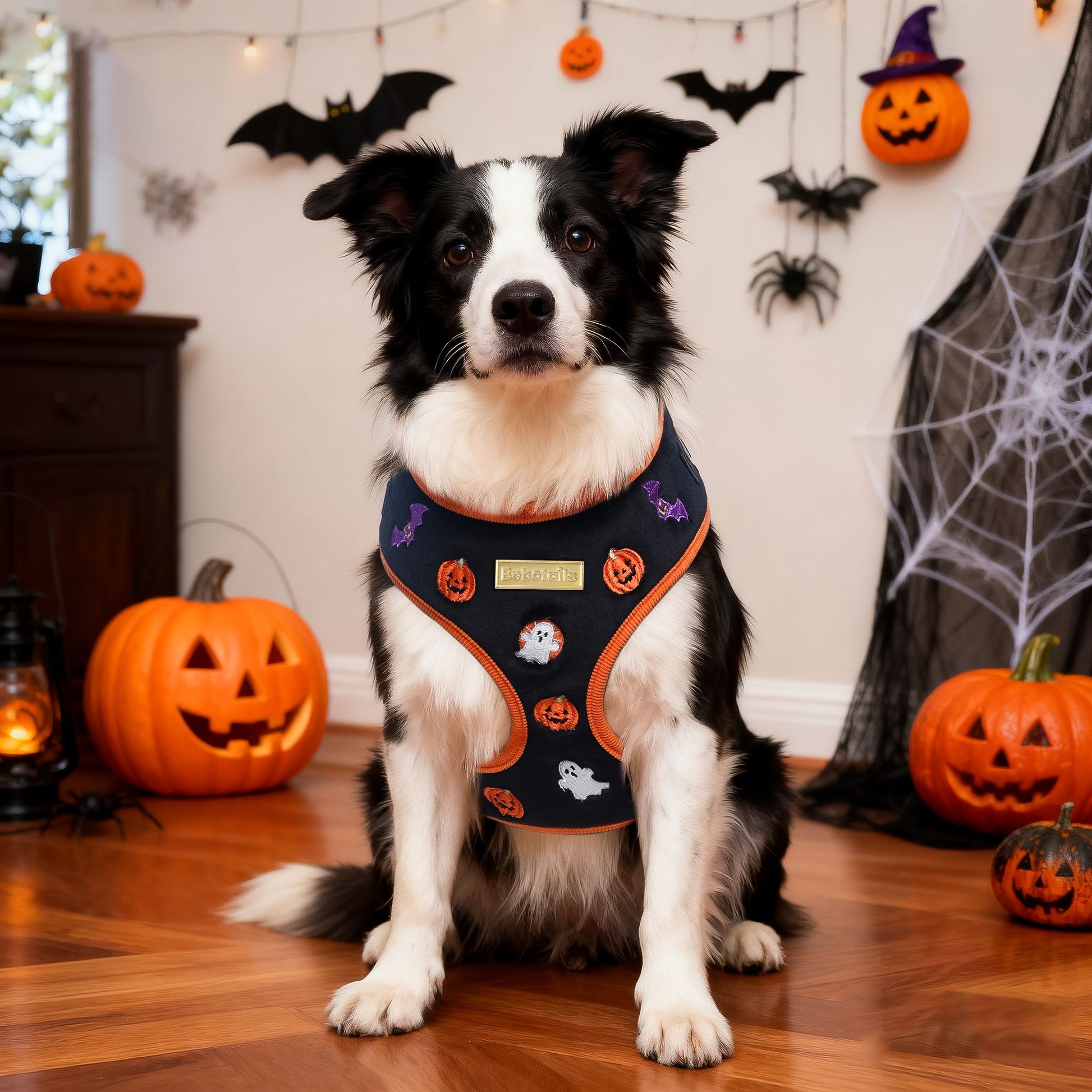 A Border collie wearing a Halloween-themed harness in a decorated room with pumpkins and bats.