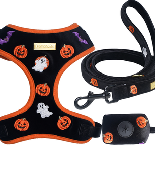 Halloween-themed dog harness, leash, and poop bag holder set on a white background