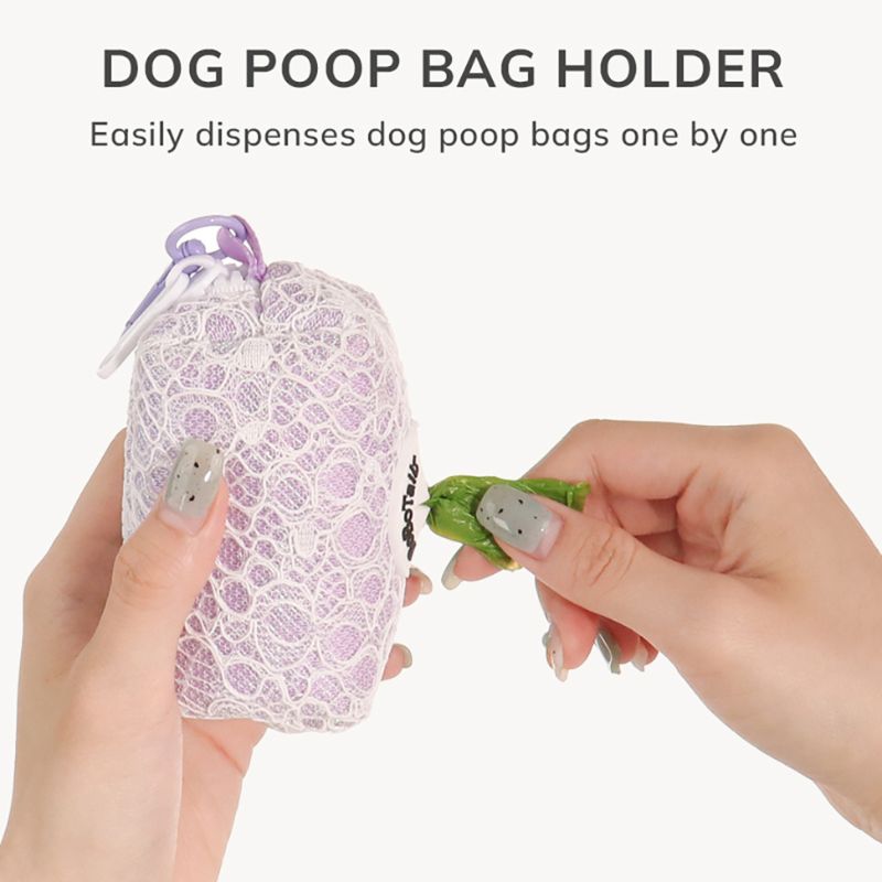 Dog poop bag holder with a hand holding a bag and another hand holding a green bag clip on a white background.
