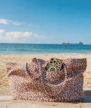 Leopard print white tote bag side view - large capacity dog owner bag