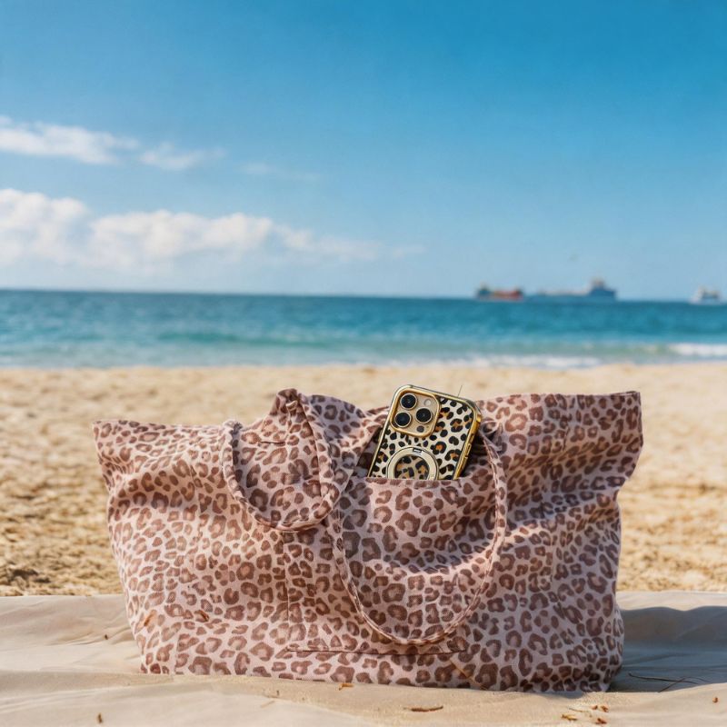 Leopard print white tote bag side view - large capacity dog owner bag