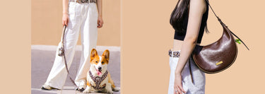 Bobotails leopard matching dog harness leash set and owner women's belt and cresent shoulder bag