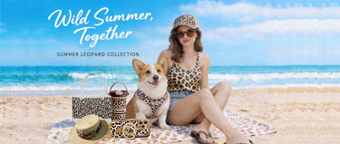 Woman and dog on a beach with 'Wild Summer Together' text and 'Summer Leopard Collection' branding.