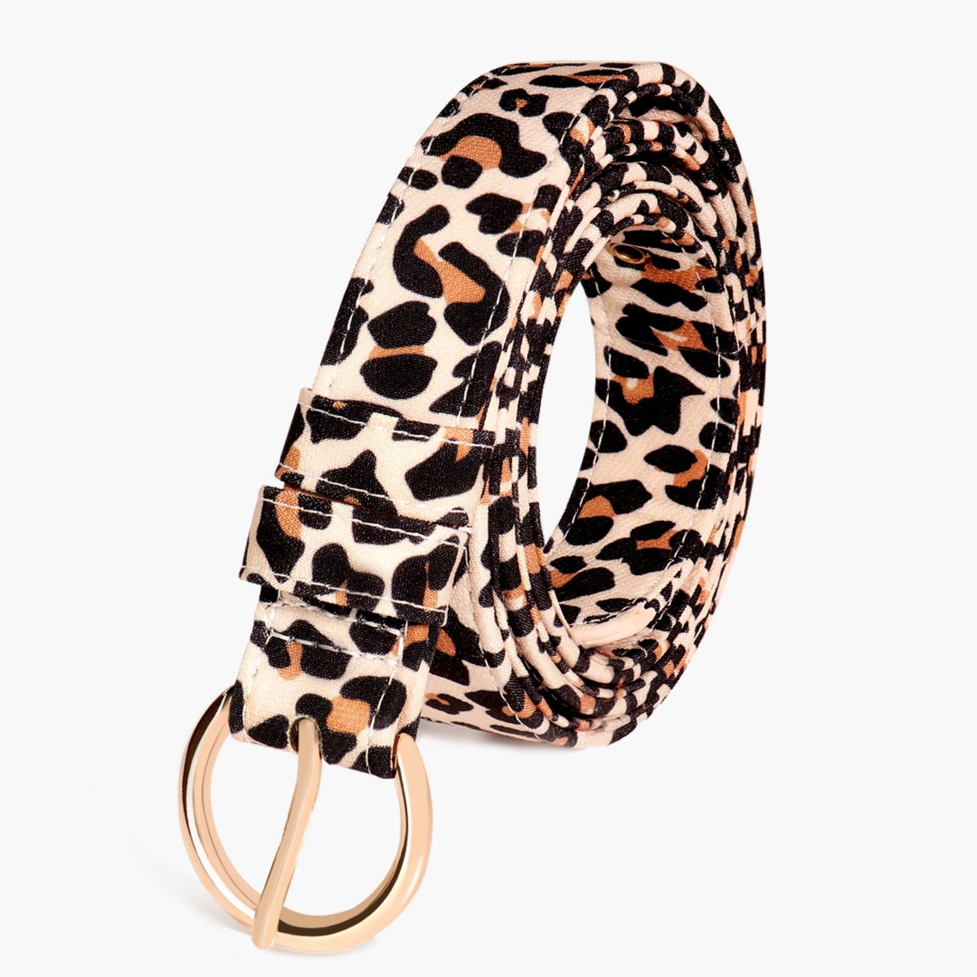 Side view ofleopard printed women's belt and buckle showing fit and comfort within a coordinated dog and owner matching system