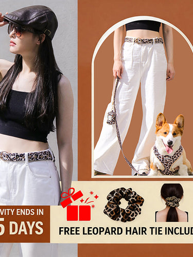 matching dog harness and owner accessories leopard women's belt and leopard hair tie free 