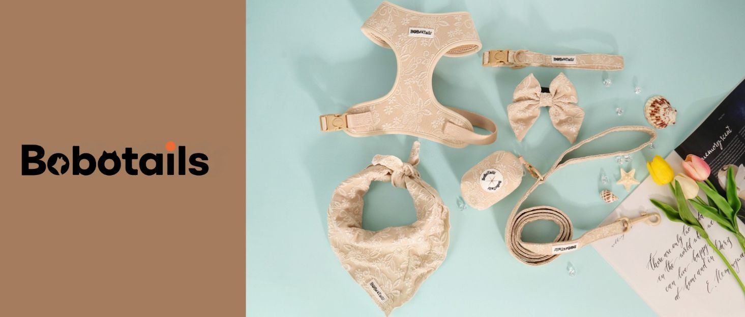 Pet accessories including a harness, bandana, and bow tie with 'Bobotails' branding on a light blue background.