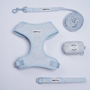 Dog harness, leash, and collar set with 'BarkHut' branding on a light gray background