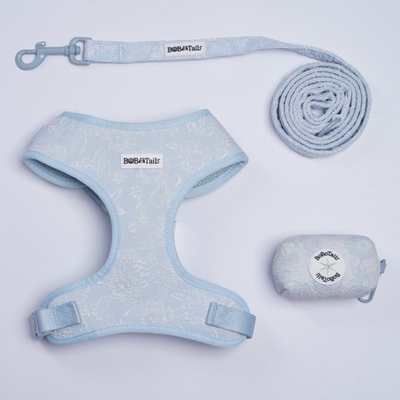 Morning Glory Blue 3-Piece Set – Fresh Floral Harness, Leash & Poop Bag Holder