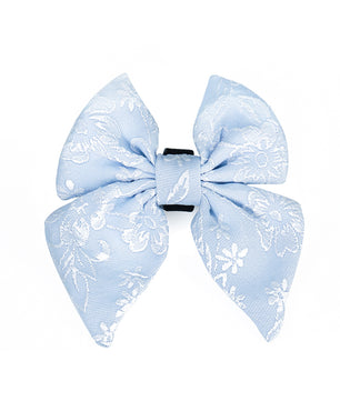 morning glory blue puppy bow tie dog collar designed as part of a matching dog and owner accessory system for everyday walks