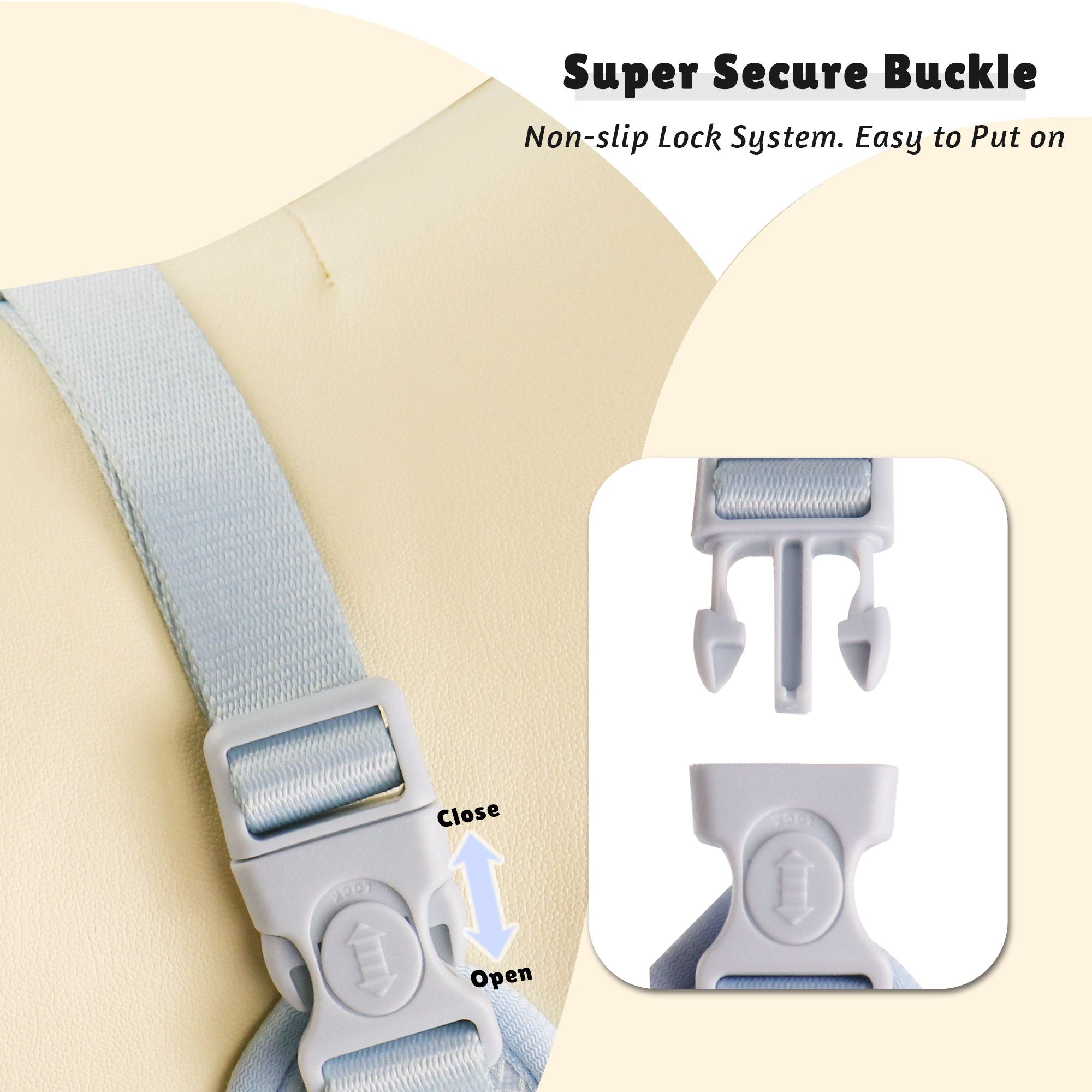 morning glory blue strap with a super secure buckle for the harness
