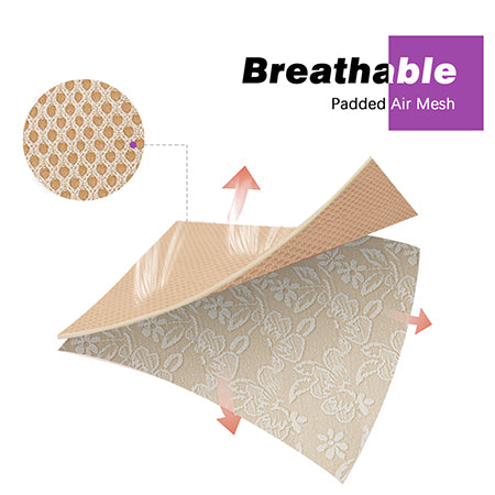 A product graphic showing a flexible beige and off-white patterned sheet with arrows indicating breathability and a circular inset highlighting the padded air mesh texture. Text reads 'Breathable Padded Air Mesh' on a white background.