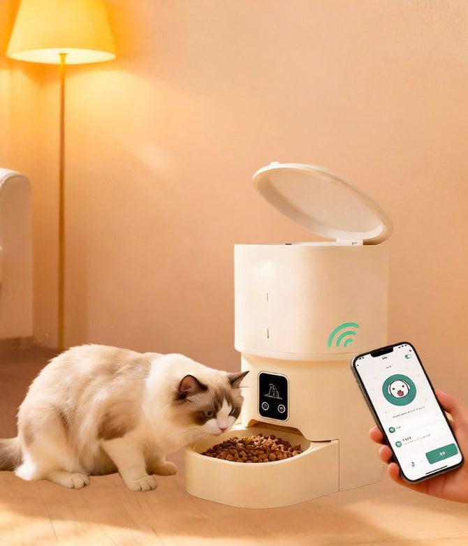 Cat eating from a smart pet feeder with a smartphone app control in a home setting.