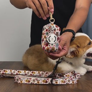 Bobotails Flower Love collection doggy poop bags holder for lightweight pouch with zipper to hold waste bags and Carabiner on the leash backpack harness 