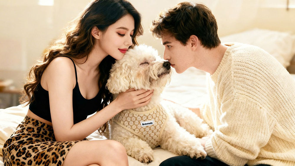 modern parents with small size dog wearing on Bobotails floral briliance dog harness