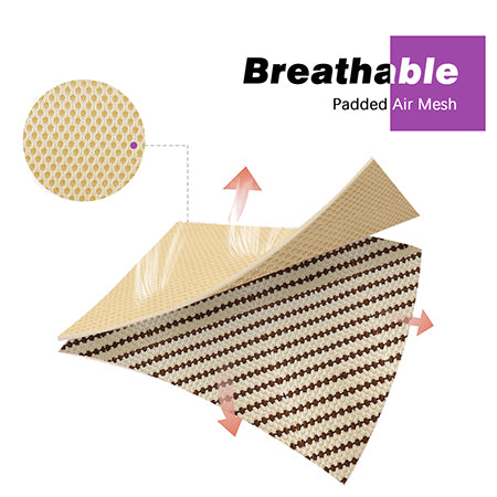 A product graphic showing a flexible sheet of breathable padded air mesh, partially folded to reveal both sides. One side is a light beige mesh, and the other is a beige base with a dark brown cross-hatch pattern.